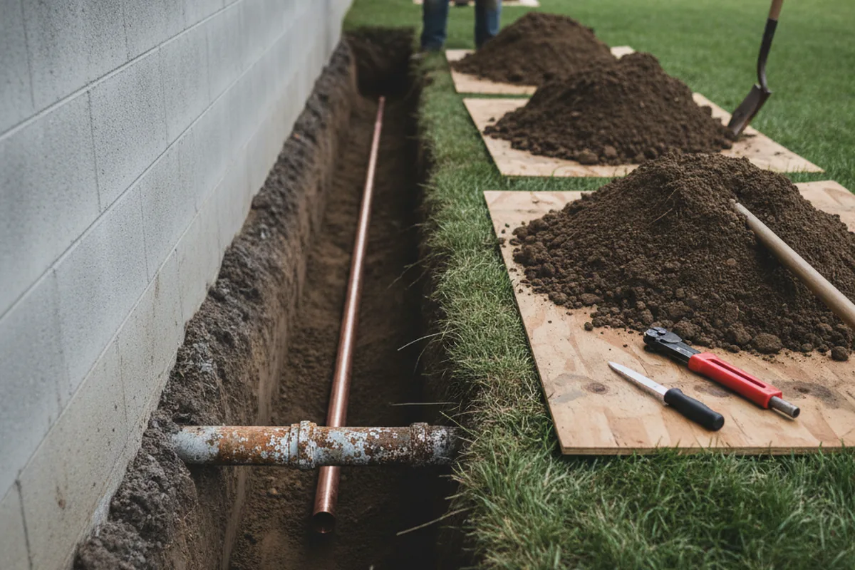 Excavated water line trench during Water Heater Repair in Beaumont
